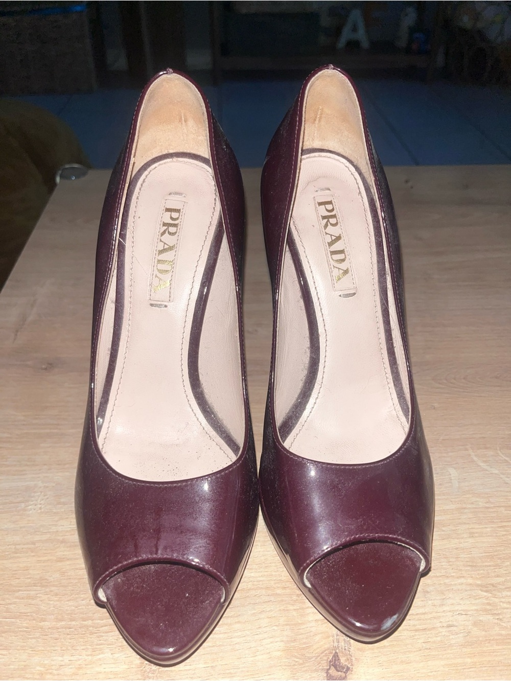Prada Burgundy Open-Toe Patent Leather Pumps - Picture 1 of 5